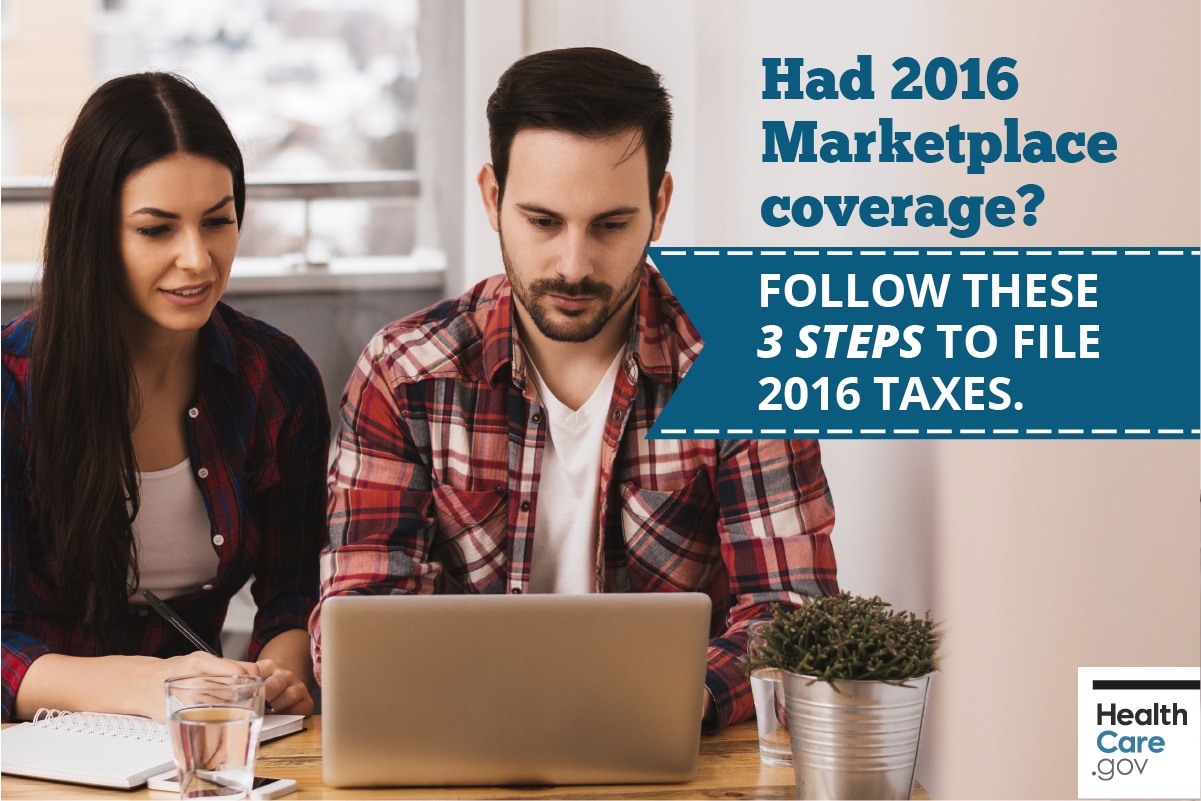 Image: {Couple filing taxes using 3 tips for Marketplace health insurance and 2016 taxes}