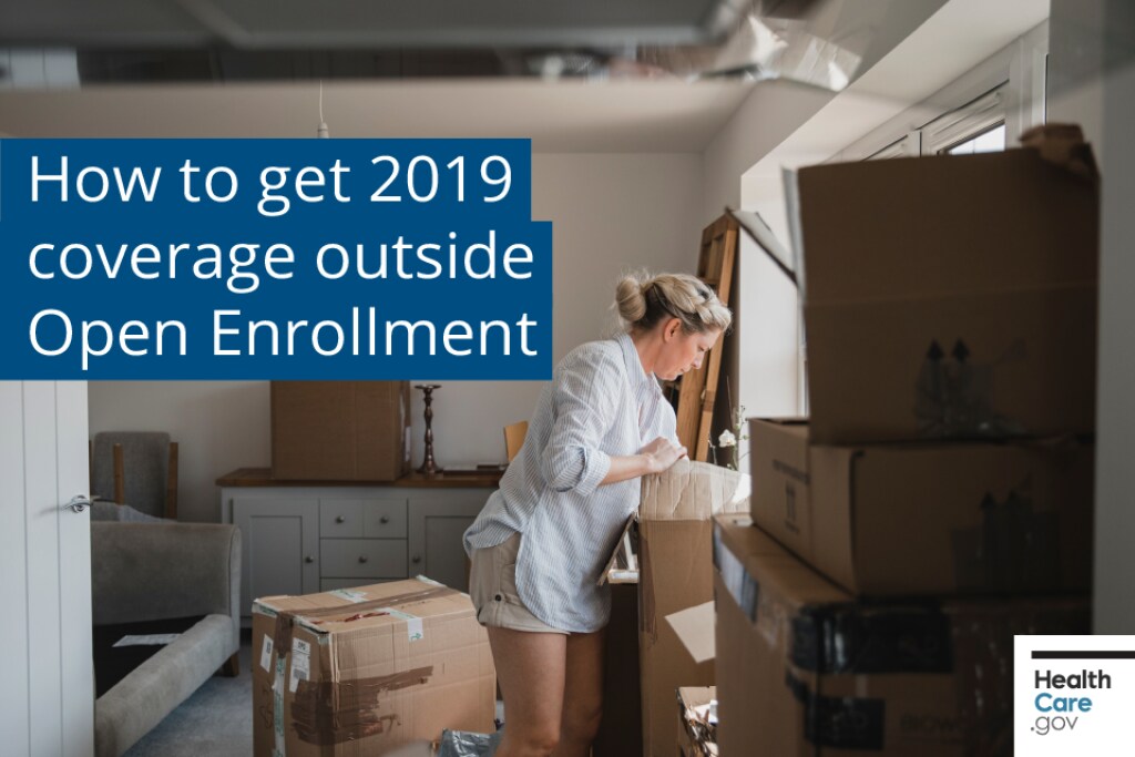 {How to get 2019 health coverage outside Open Enrollment} Image: {Woman packing up boxes to move}