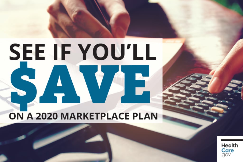 {See if you’ll save on a 2020 Marketplace plan} Image: {Man estimating income calculation on calculator for lower costs tool”}