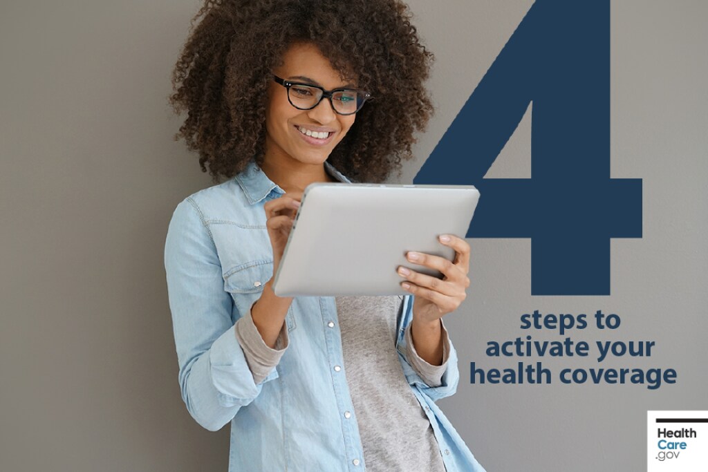 Woman pays her health insurance premiums on her tablet Image: 4 steps to activate your health coverage