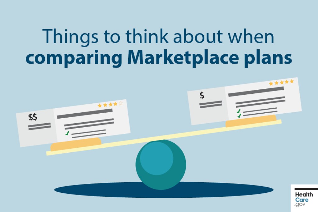 Cartoon balance scales weighs Marketplace prices, plans, and benefits Image: Things to think about when comparing Marketplace plans