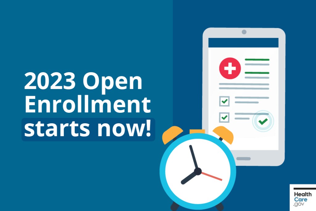 2023-open-enrollment-starts-now Cartoon tablet shows health insurance enrollment check-list with an alarm clock showing that time to apply and enroll is ticking down.