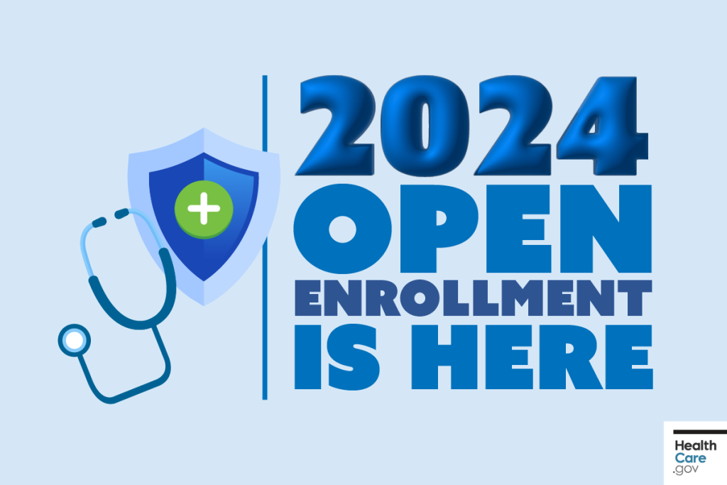 A blue stethoscope and shield next to the text “2024 Open Enrollment is here"