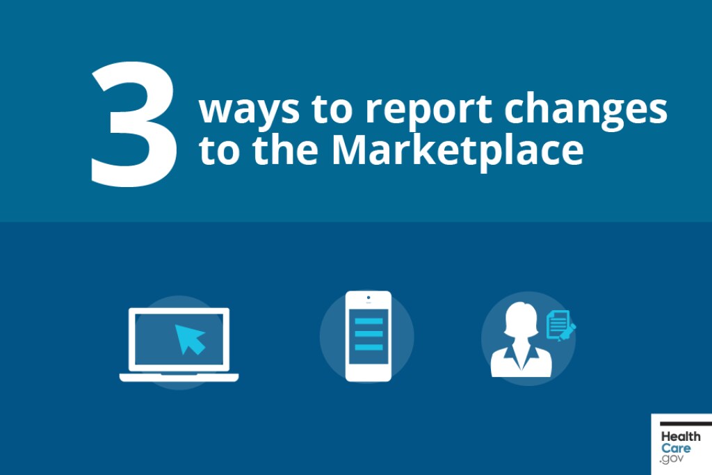 3-ways-to-report-changes-to-the-marketplace A cartoon computer, tablet, and image of a Call Center representative illustrating the 3 ways to report changes to the Marketplace