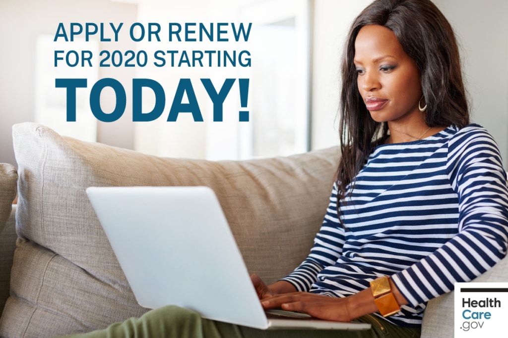 {Apply or renew for 2020 starting today} Image: {Woman applies for 2020 Marketplace insurance online at her laptop”}
