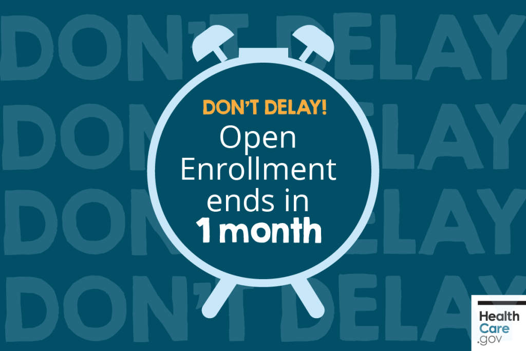 "Don't delay" alarm clock cartoon – Open Enrollment ends in 1 month. 