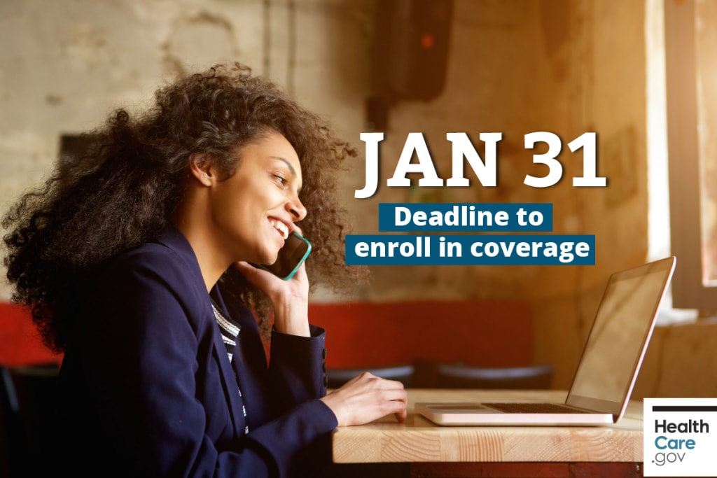 {Don’t miss the January 31 deadline to update your 2017 health plan} Image: {Young woman on phone updating her information to avoid health insurance deadline}