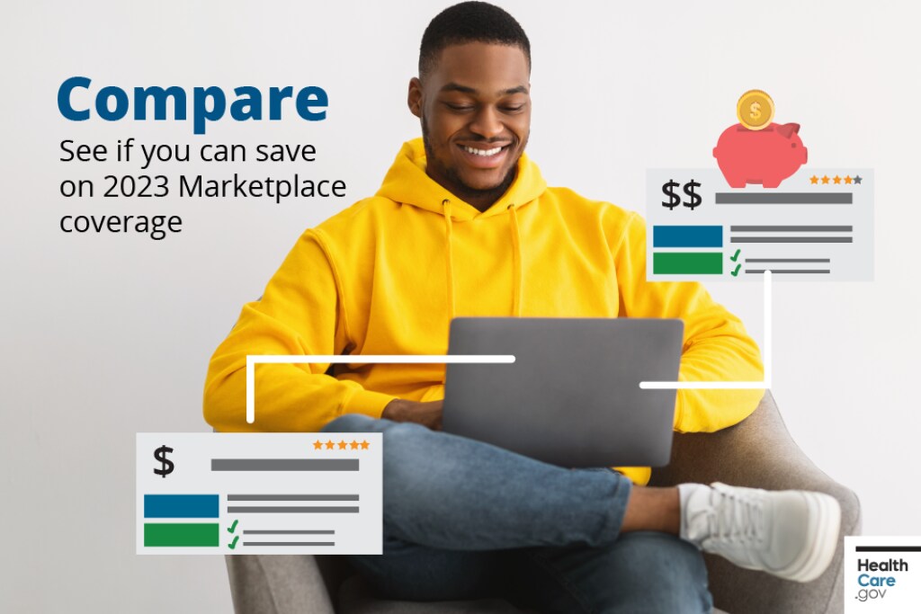 compare-see-if-you-can-save-on-2023-marketplace-coverage A person is sitting on a chair and looking at a laptop. Cartoon images of a piggy bank and health plan cost information are displayed next to the person.