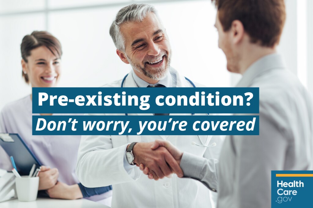 {You’re covered for all pre-existing medical conditions} Image: {Patient talking to doctor about treatment for pre-existing medical condition}
