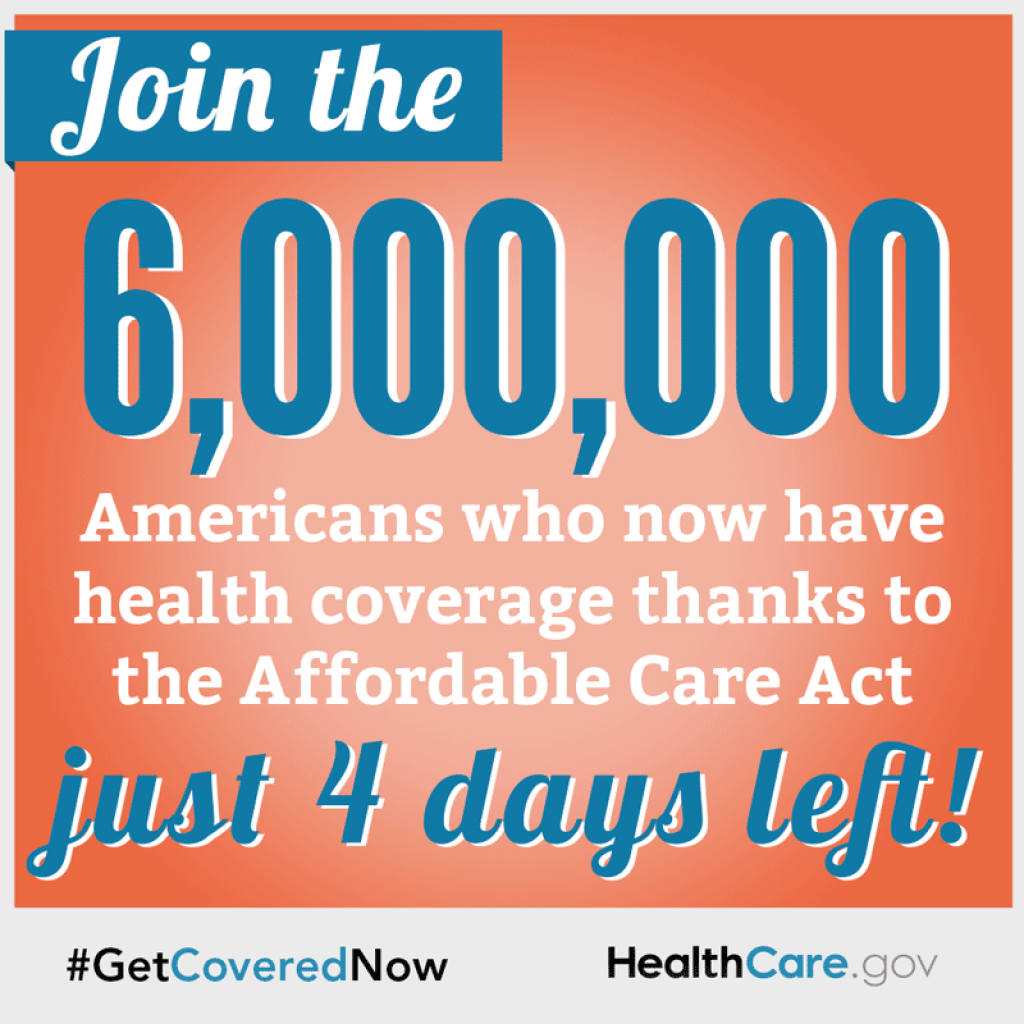 Join the 6 million Americans who now have health coverage thanks to the Affordable Care Act. Just 4 days left.