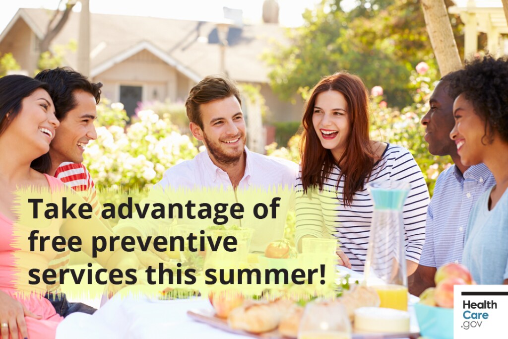 {Take advantage of free preventive health care} Image: {Healthy friend group socializes}