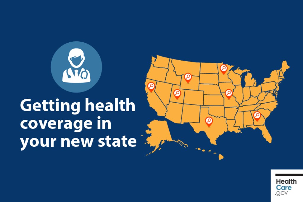 {Getting health coverage in your new state} Image: {Map of United States}