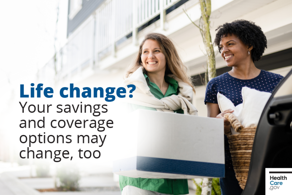 Two women holding moving boxes and smiling, with text, "Life change? Your savings and coverage options may change, too."