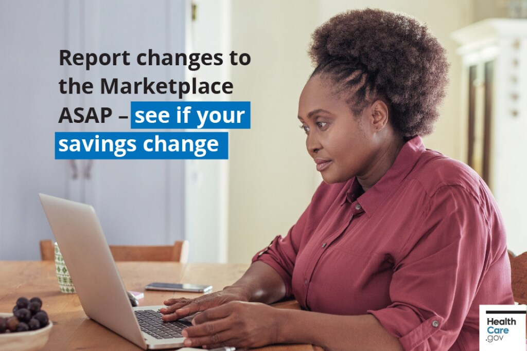 Report changes to the Marketplace ASAP – see if your savings change Woman in red blouse focuses and looks at her computer while she updates her Marketplace application online.