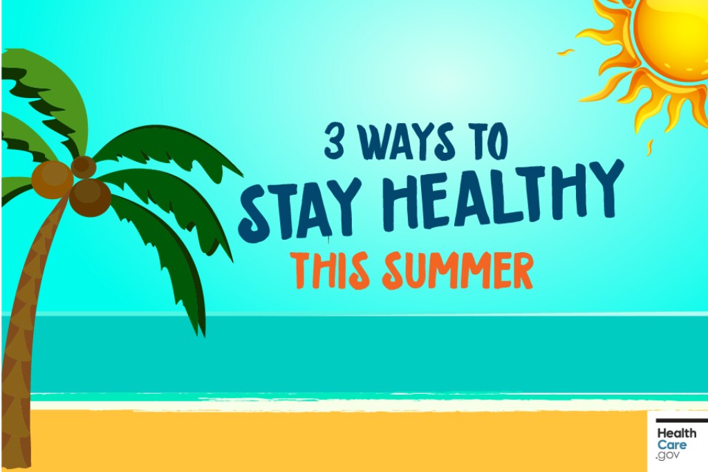 3 ways to stay healthy this summer A cartoon nature scene showing teal ocean water, golden sand, a palm tree with coconuts and a yellow, shining sun.