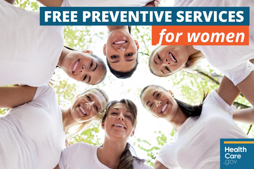 {See all health care options for women} Image: {Women huddled together talking about Marketplace health care for women}