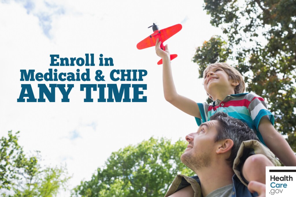 {Get Medicaid & CHIP any time of year} Image: {Father and son enroll in Medicaid & CHIP outside Open Enrollment}