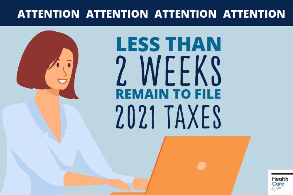 how-to-file-2021-taxes-based-on-2021-health-plan-status Cartoon woman sits happily at laptop and files taxes