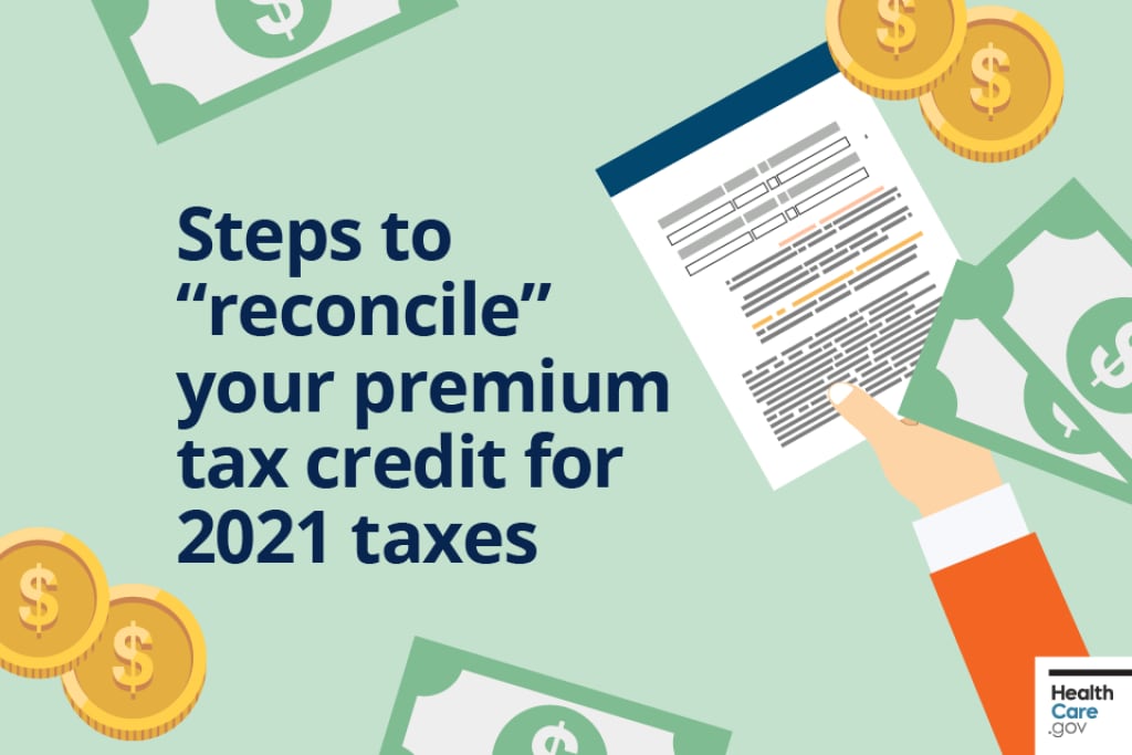 Steps to reconcile your premium tax credit for 2021 taxes Cartoon forms, dollars, and coins
