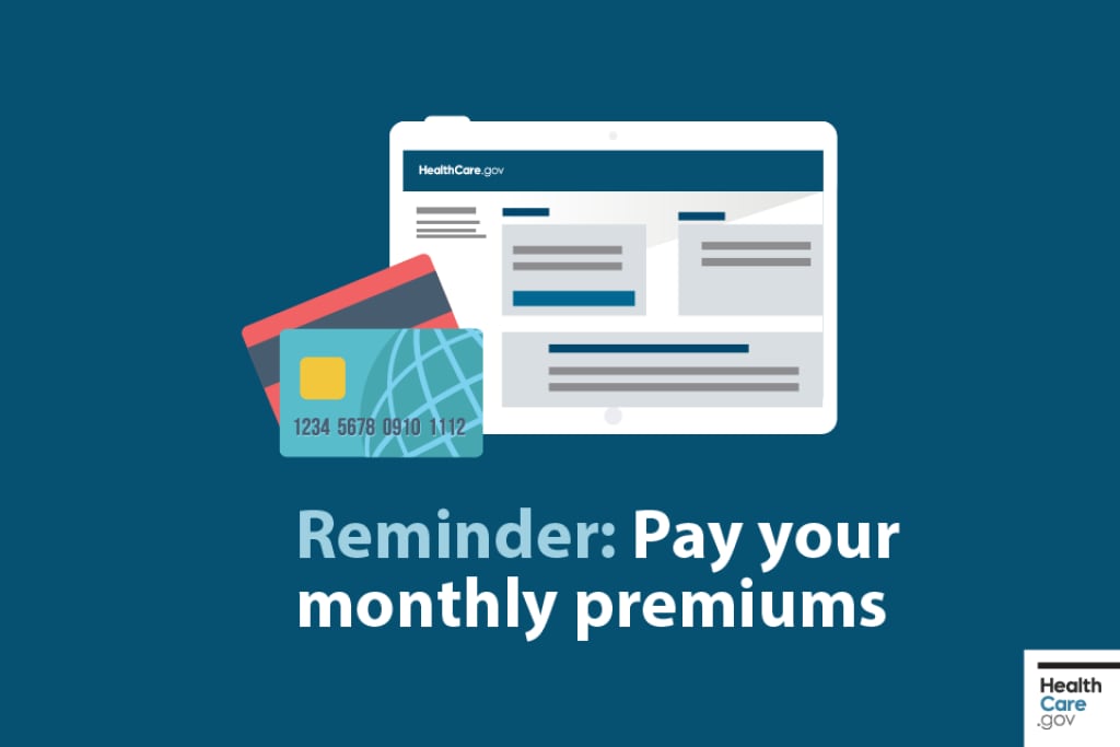Cartoon credit card and computer screen shows premium paid Image: Reminder: Pay your monthly premiums
