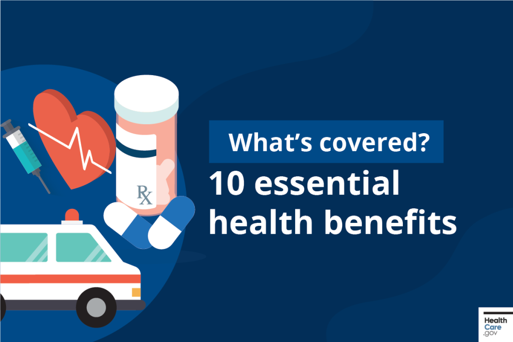 Icons for a prescription drug bottle, pills, syringe, ambulance, and a heart symbolizing cardiac health on a blue background. Text over the image reads "What's covered? 10 essential health benefits."