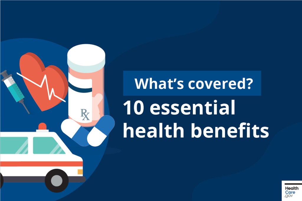 What's covered? 10 essential health benefits Icons for a prescription drug bottle, pills, syringe, ambulance, and a heart symbolizing cardiac health on a blue background. Text over the image reads "What's covered? 10 essential health benefits."