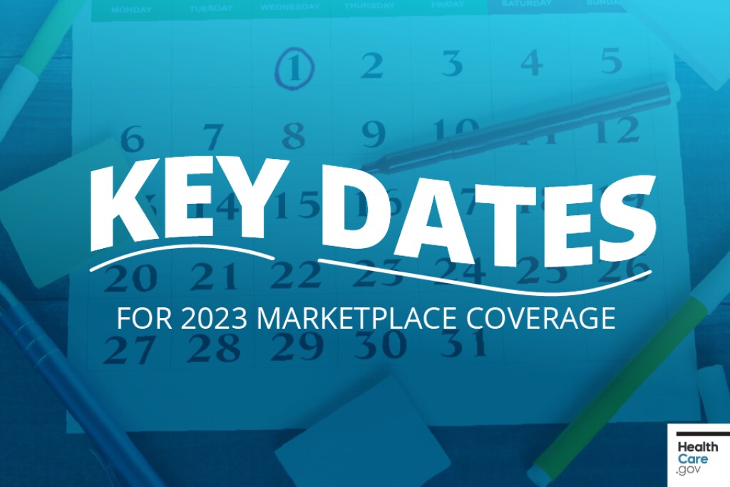 key-dates-for-2023-marketplace-coverage Text overlay that says “Key dates for 2023 Marketplace coverage” over a teal calendar with the first of the month circled