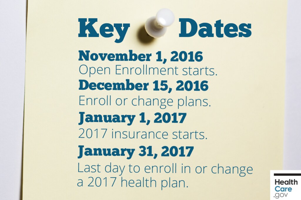 {Don’t miss important health insurance deadlines for 2017 Marketplace coverage} Image: {Pinned note with key health insurance deadlines and dates to remember}