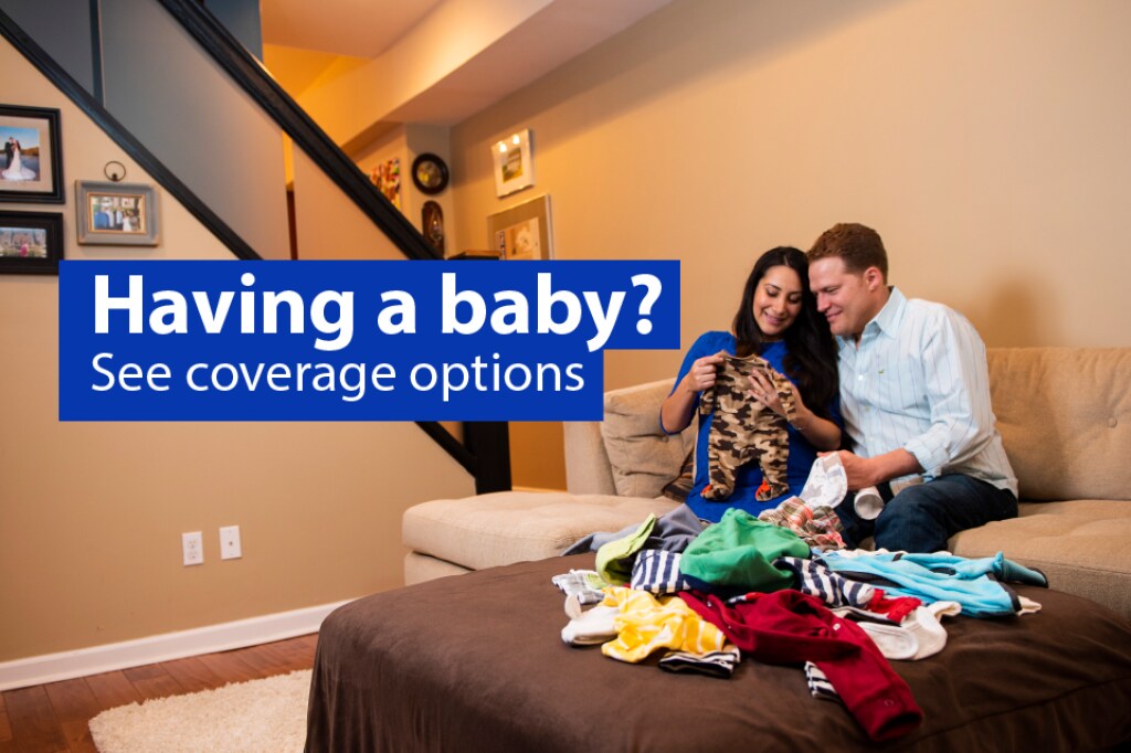 {Having a baby? See coverage options} Image: {New parents fold baby clothes"}