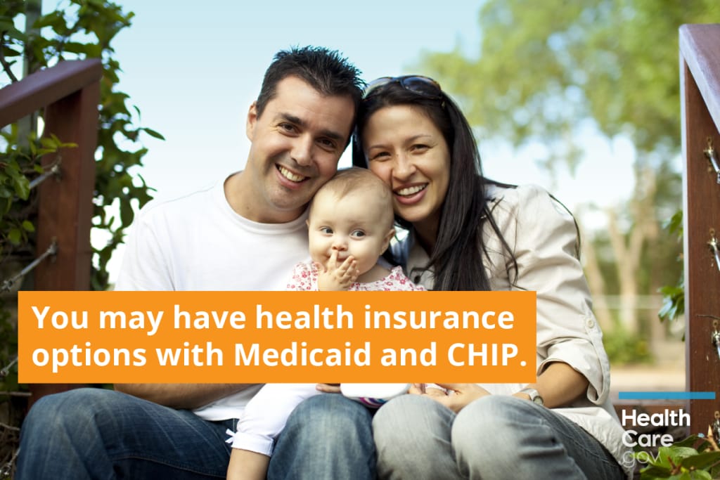 {Medicaid and CHIP available all year to qualified enrollees} Image: {Family happy to have Medicaid or CHIP coverage from Obamacare}