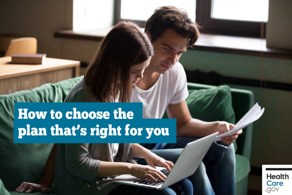{How to choose the Marketplace plan that’s right for you} Image: {Man and woman compare health insurance plans on computer"}