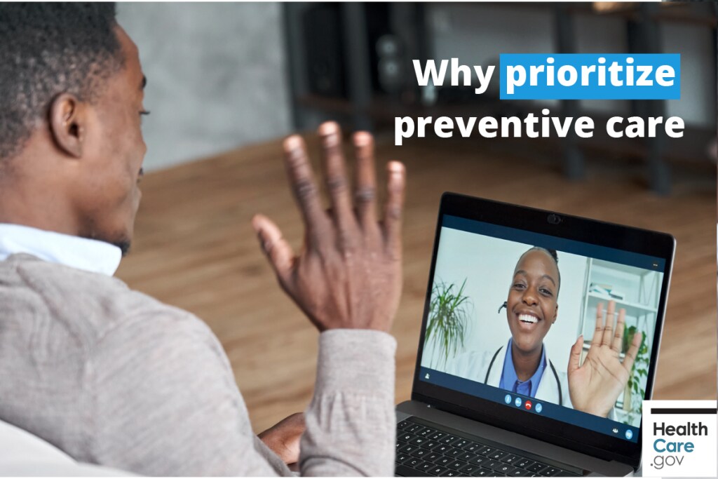 Man participates in telehealth appointment with doctor over his computer Image: Why prioritize preventive care