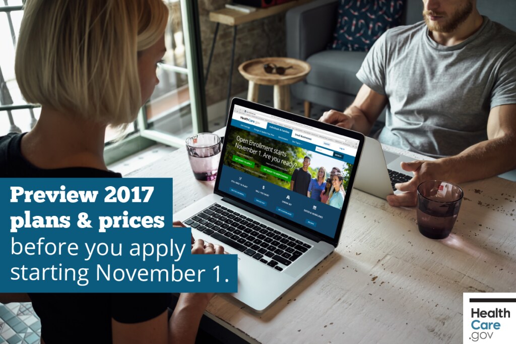 {Preview health care plans & prices before 2017 Open Enrollment } Image: {Couple previewing 2017 health care plans and prices}