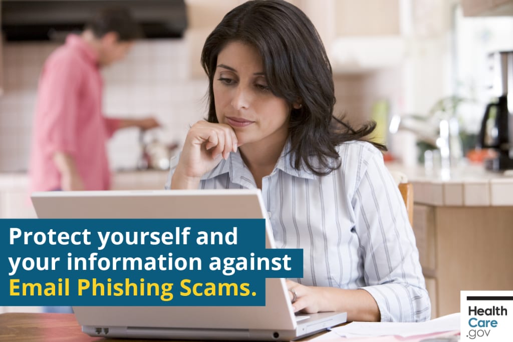 {Learn how to protect yourself from scams} Image: {Woman protecting herself from phishing emails }