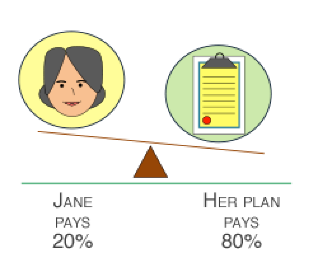 Coinsurance: A weighed scale leaning less towards the customer, Jane, who is paying 20% and leaning more towards her plan who is paying 80%.