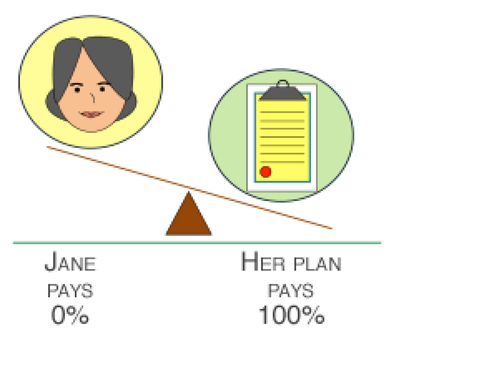 Item 4 of 4 in this example: Phase 3 out-of-pocket limit: A weighed scale with the customer, Jane, paying zero and her plan paying 100%.