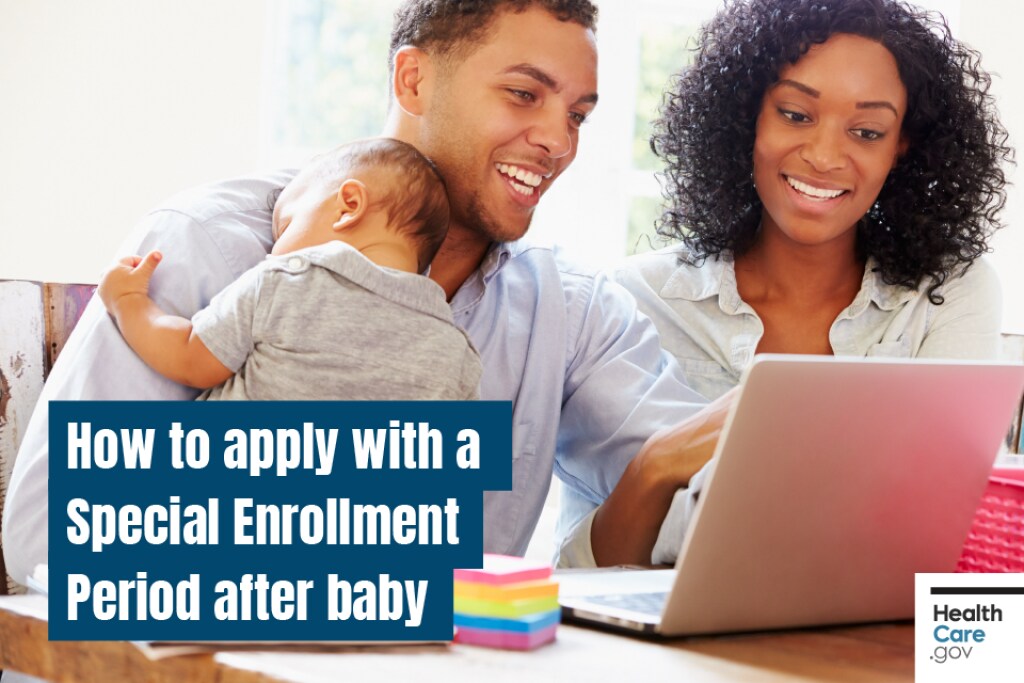 Couple sits at computer with new baby in arms Image: How to apply with a Special Enrollment Period after baby