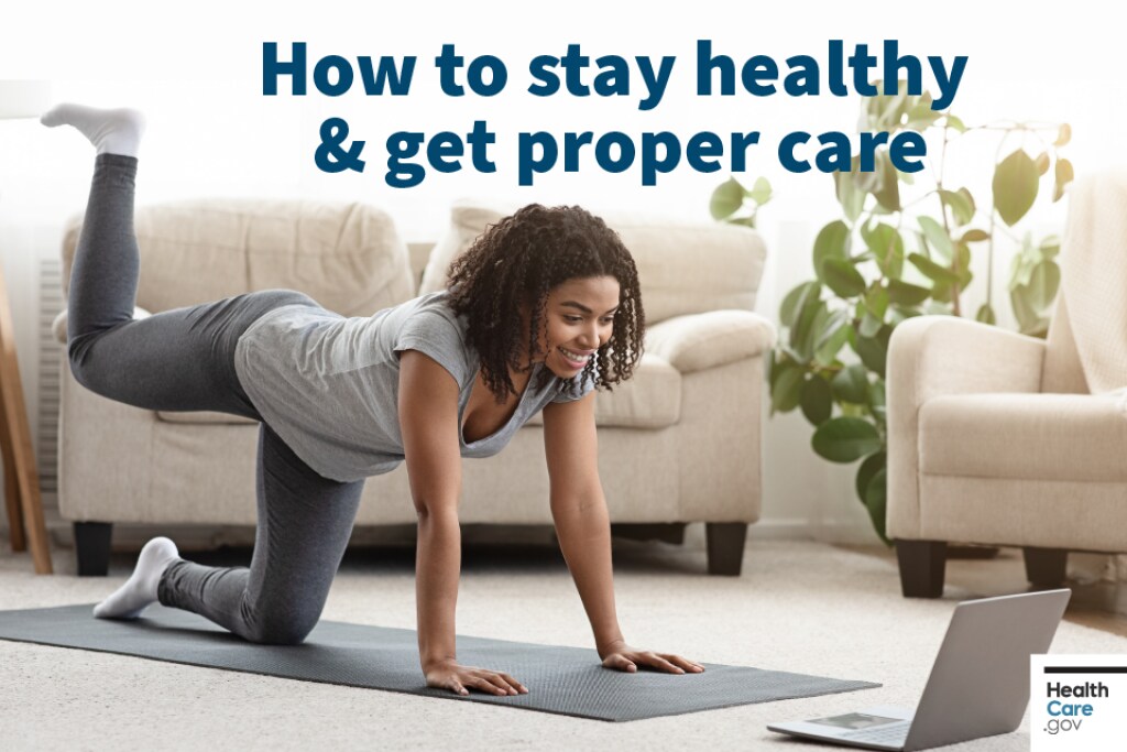 Woman does Pilates in front of laptop Image: How to stay healthy and get proper care