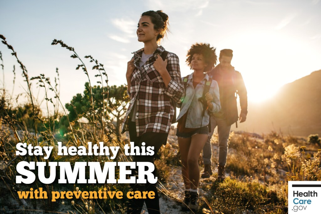 {Take advantage of free preventive services} Image: {Friends have a healthy summer with Marketplace insurance}
