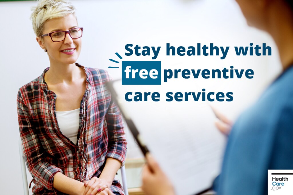Stay healthy with free preventive services Woman wearing red plaid shirt meets with her doctor and listens to their advice intently.