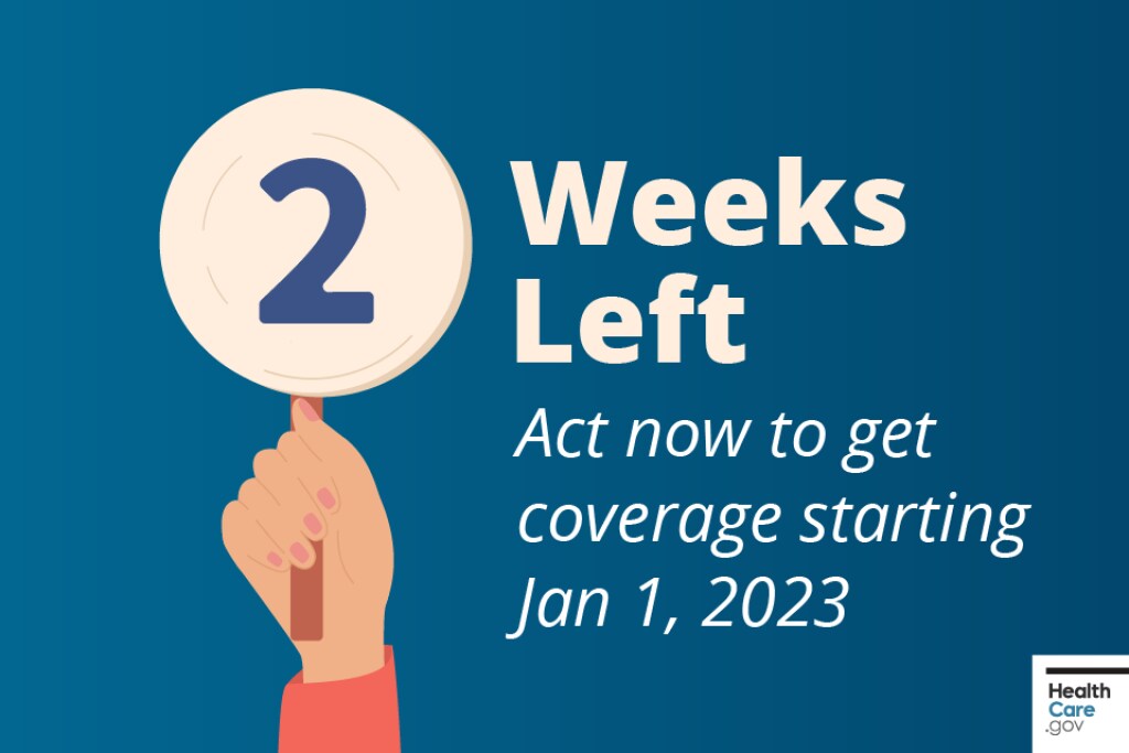 two-weeks-left-to-get-coverage-for-jan1 Cartoon hand holding a round sign with 2 weeks left
