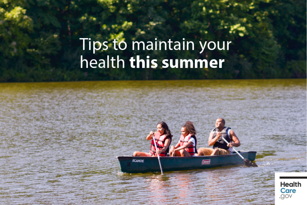 {Tips to maintain your health this summer} Image: {Family of three enjoys summertime by canoeing}
