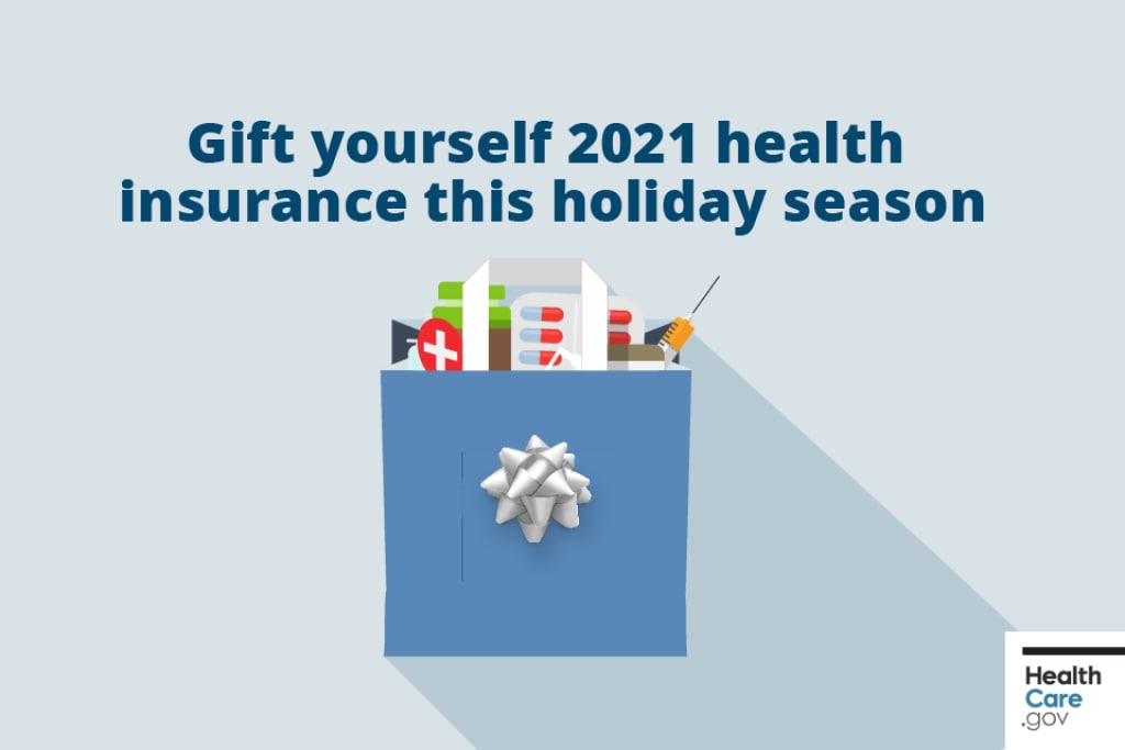 Medical equipment popping out from gift box Image: Gift yourself 2021 health insurance this holiday season