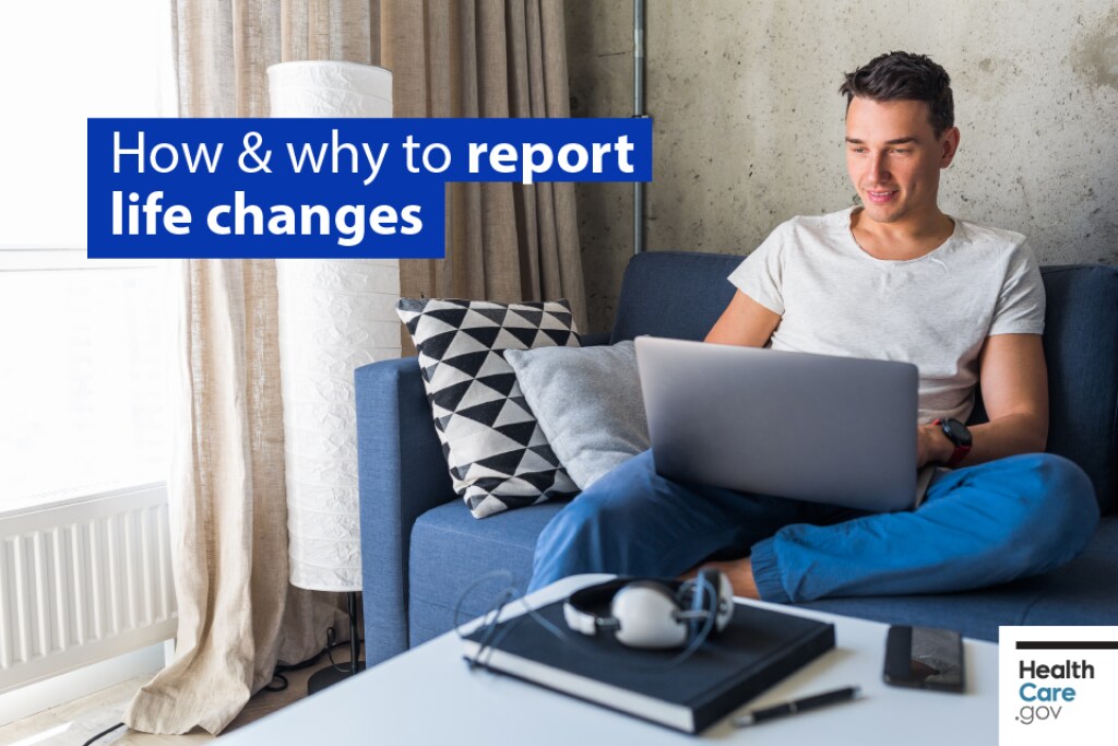 {How & why to report life changes} Image: {Young man sits at computer to report a life change online}